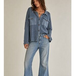 Bucketlist Blue Waffle Knit Shacket Oversized XL Mineral Wash Cotton Blend‎